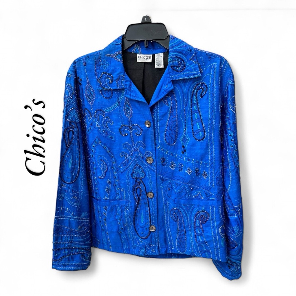 Vintage CHICO’S Embellished Blue Silk Beaded Jacket Size 0 (Sz 4) EUC